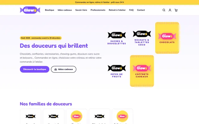 Page d'accueil de la boutique Glowz : titre « Des douceurs qui brillent » et familles de douceurs en emballages bonbon