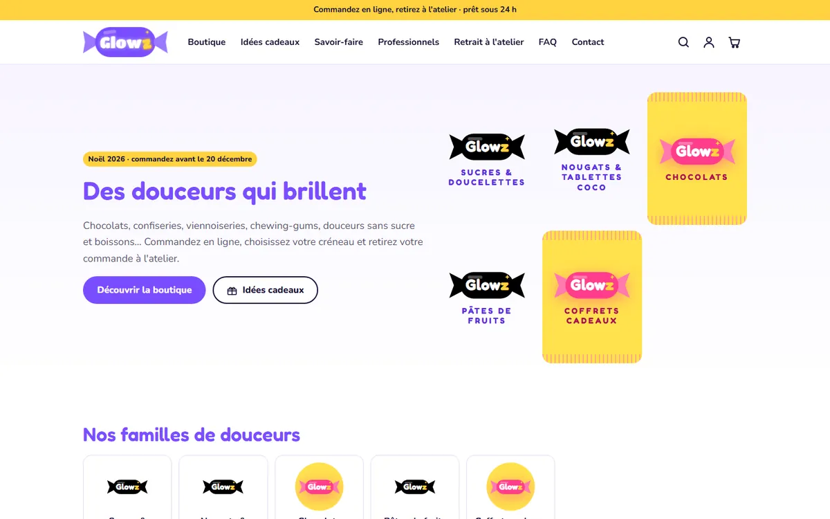 Page d'accueil de la boutique Glowz : titre « Des douceurs qui brillent », boutons Découvrir la boutique et Idées cadeaux, familles de douceurs en emballages bonbon