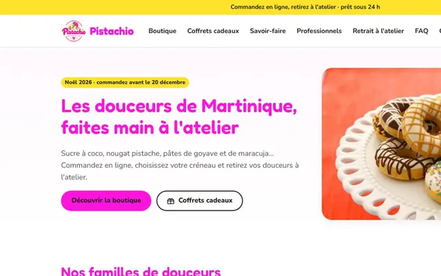 Page d'accueil de la boutique Pistachio : titre « Les douceurs de Martinique » et photo de beignets glacés